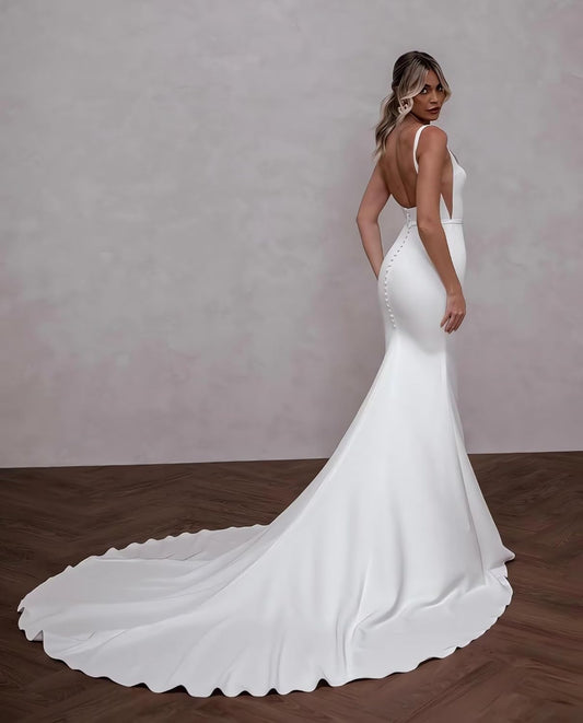 Vestidos de novia de sirena con cuello cuadrado, vestido de novia con tren de barrido para mujer, vestidos de fiesta elegantes con botones y espalda descubierta 2024