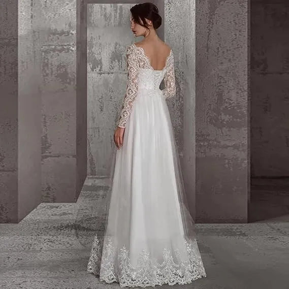 Pregnant Wedding Dresses Lace Tulle Full Sleeves Deep V Neck A Line Empire Waist Long Floor Length Bride Gown Women Formal Ivory