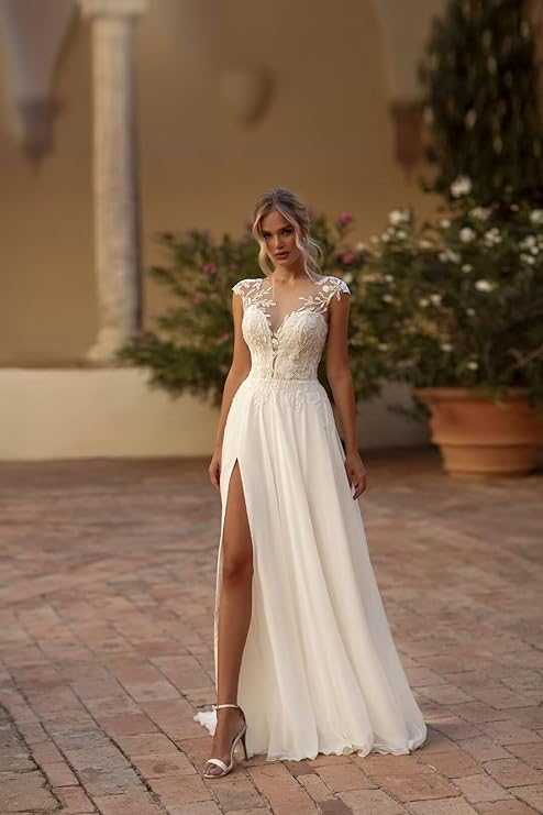 Elegant Boho Lace Wedding Dress Chiffon O-Neck Illusion Back Beach Side Split Applique Bridal Party Gown Vestidos De Novia