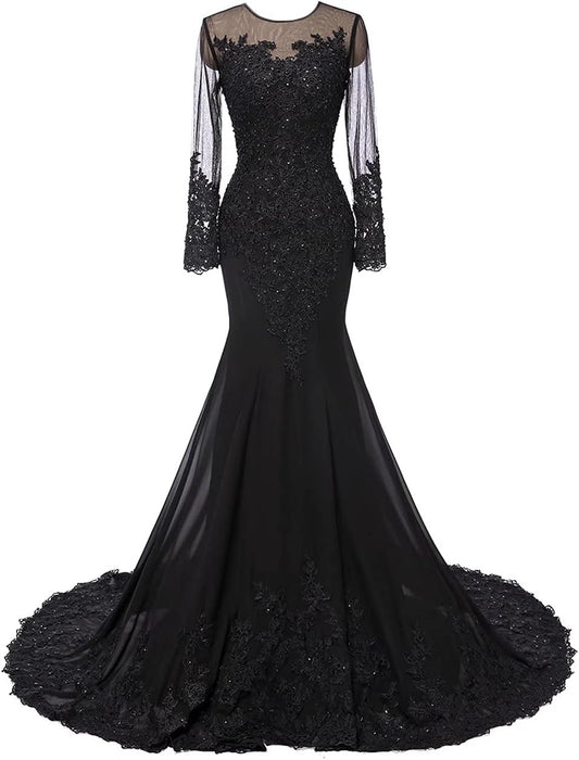 Black Lace Embroidery Prom Dresses Illusion Mermaid فساتين السهرة  Long Sleeves Floor-Length vestidos verano moda