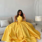 Yellow Evening Dresses Satin Long One Shoulder Pleats A Line Floor Length Front Slit Formal Party Prom Gowns Custom made