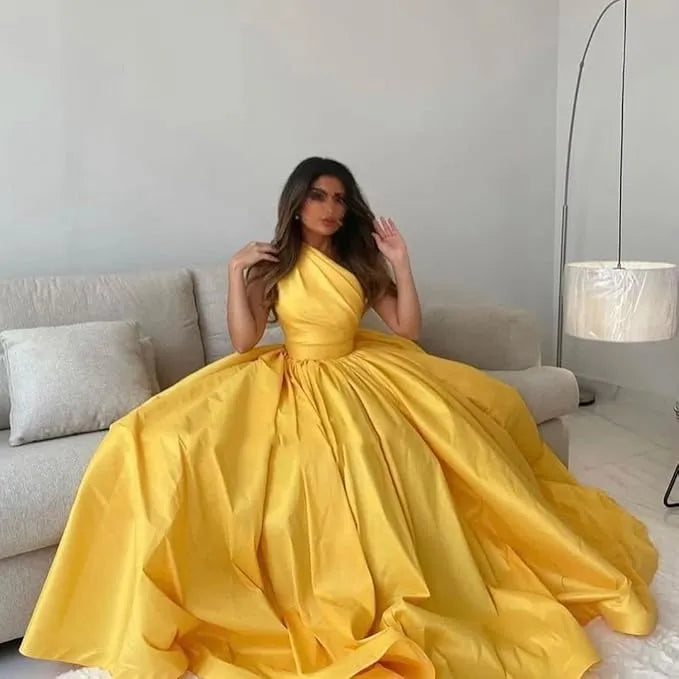 Yellow Evening Dresses Satin Long One Shoulder Pleats A Line Floor Length Front Slit Formal Party Prom Gowns Custom made yellow