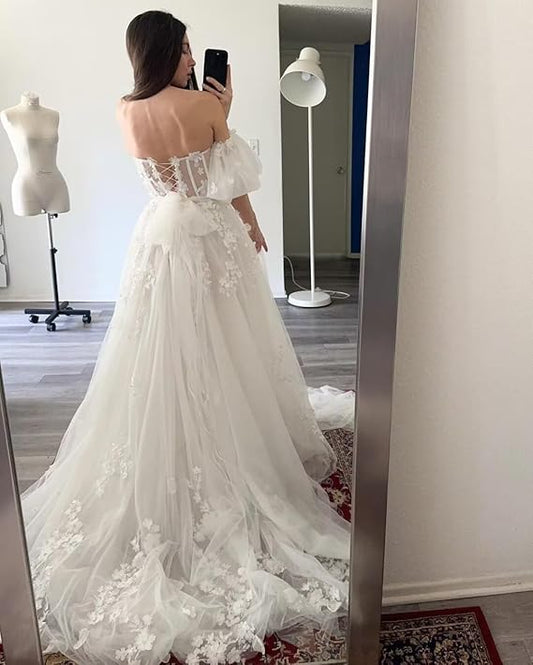 White Lace Embroidery Tulle Prom Dress Luxury Off Shoulder A-line vestidos par boda Elegant Sleeveless Wedding Dress