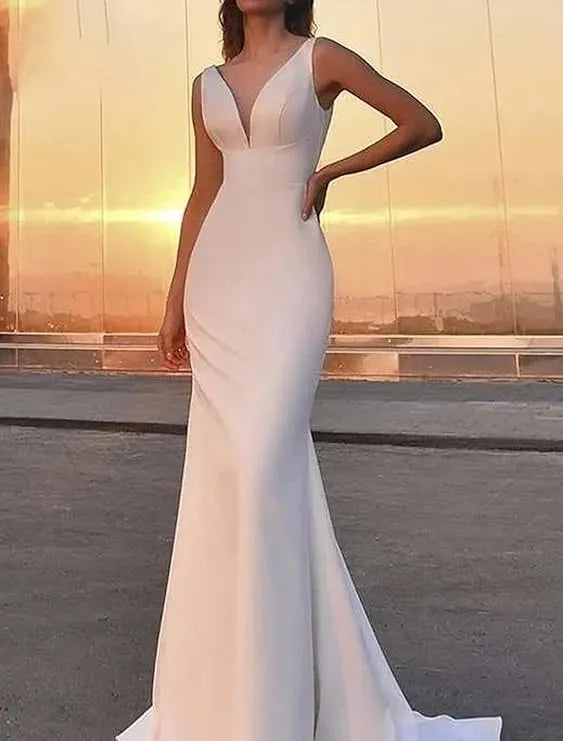 Yunshang Simple Mermaid Wedding Dresses Women Open Back V-Neck Spaghetti Straps Satin Bridal Gown Sweep Train Vestidos De Novia Ivory 20w