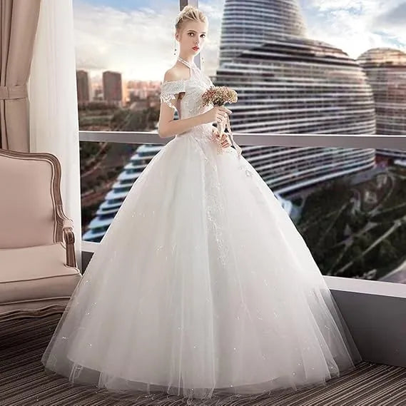 Elegant Crystal Halter Lace Appliques Ball Gown Wedding Dresses Off The Shoulder Tulle Backless Bridal Gowns