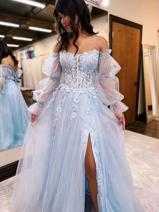 Light Blue Tulle Prom Dresses Strapless Lace Embroidery فساتين السهرة Sexy Side High Split A-line vestidos verano moda