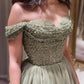 Princess Green A-line Vestidos De Fiesta Elegant Off The Shoulder Evening Dress Manual Sequins Chest Design Prom Dresses