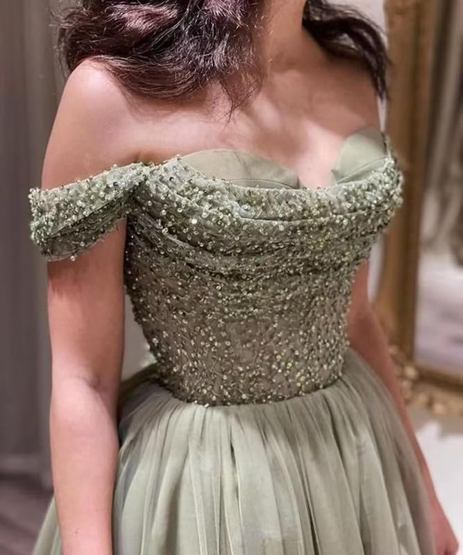 Princess Green A-line Vestidos De Fiesta Elegant Off The Shoulder Evening Dress Manual Sequins Chest Design Prom Dresses