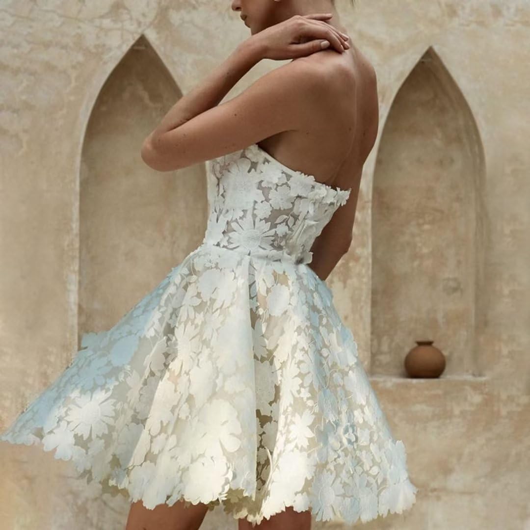 Beach ärmellose Mini Länge Kurzes Hochzeitsfeier -Kleid trägerlose Spitzen Applikationen Eine Linie Einfaches Brautkleid Robe de Mariee