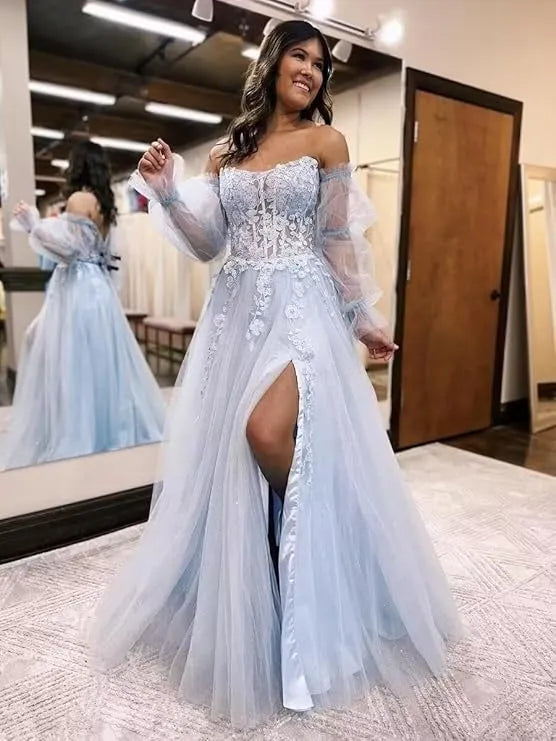 Light Blue Tulle Prom Dresses Strapless Lace Embroidery فساتين السهرة Sexy Side High Split A-line vestidos verano moda as pic