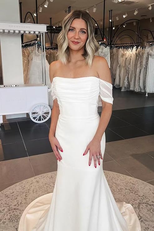 Robes De mariée sirène plissées à épaules dénudées, simples, avec traîne à balayage, sur mesure, Rode De Morrie