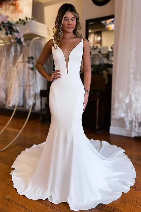 Simple Deep V-Neck Sleeveless Crepe Mermaid Wedding Dress For Women Open Back Court Train Bridal Gown Custom Made 20w