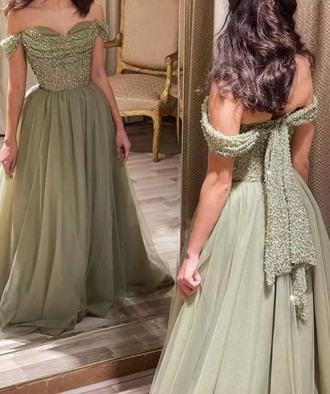 Princess Green A-line Vestidos De Fiesta Elegant Off The Shoulder Evening Dress Manual Sequins Chest Design Prom Dresses