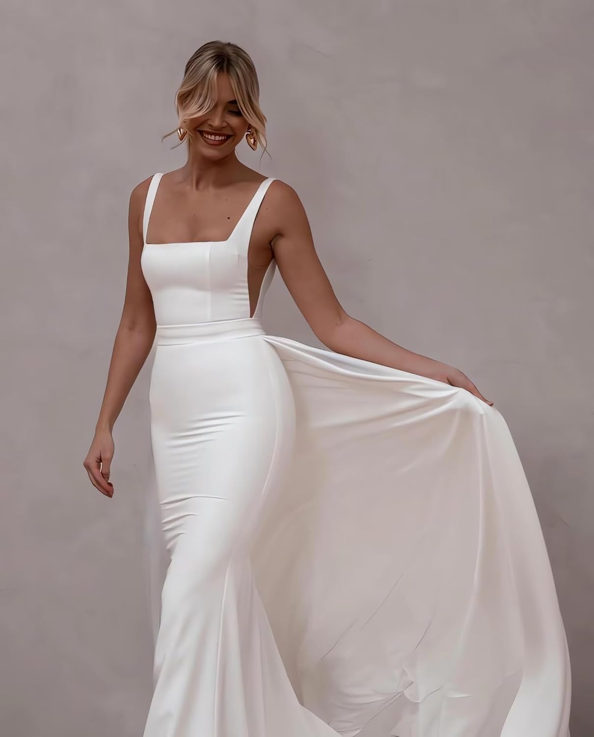 Vestidos de novia de sirena con cuello cuadrado, vestido de novia con tren de barrido para mujer, vestidos de fiesta elegantes con botones y espalda descubierta 2024