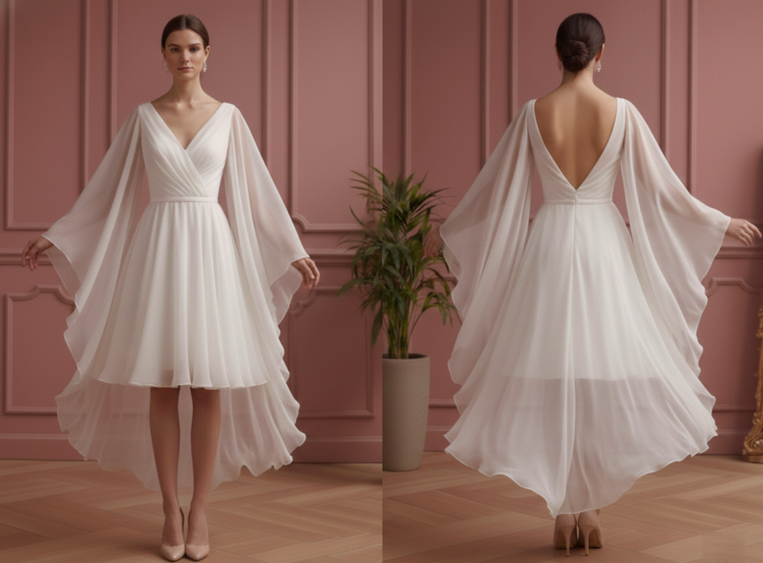 Butterfly Sleeve Wedding Dress Ethereal Short Chiffon Gown