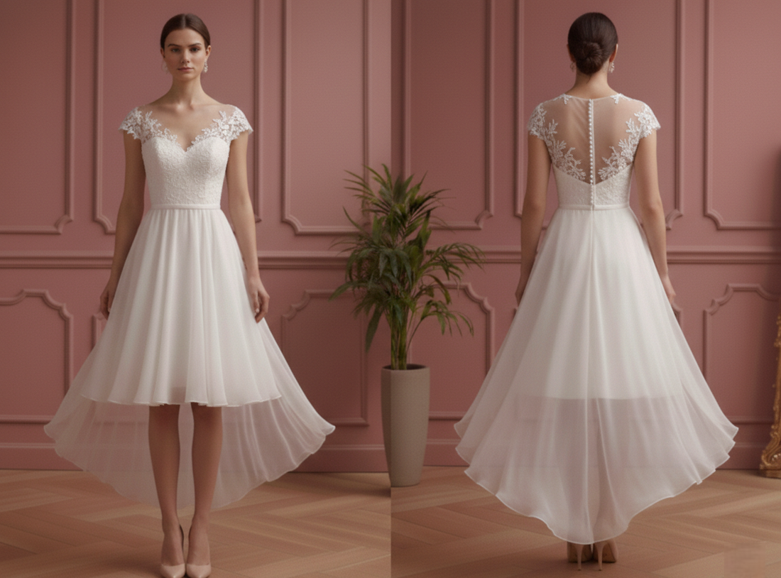 Short Lace Applique Sleeve Wedding Dress Tulle A-Line Bridal