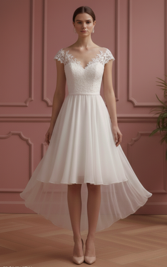 Short Lace Applique Sleeve Wedding Dress Tulle A-Line Bridal
