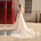 Exquisite V-Neckline Wedding Dress with Illusion Off-The-Shoulder Straps Elegant Applique Bridal Gown with Chic Watteau Train