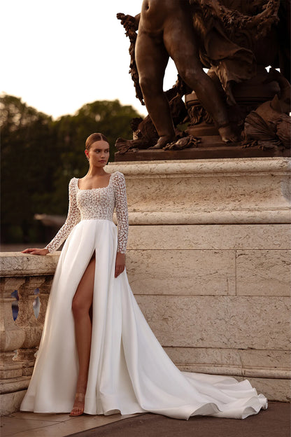 Elegantes vestidos de novia de línea A, flores, mangas largas, vestidos de fiesta largos para novias con tren, vestidos de noche para novias para mujeres