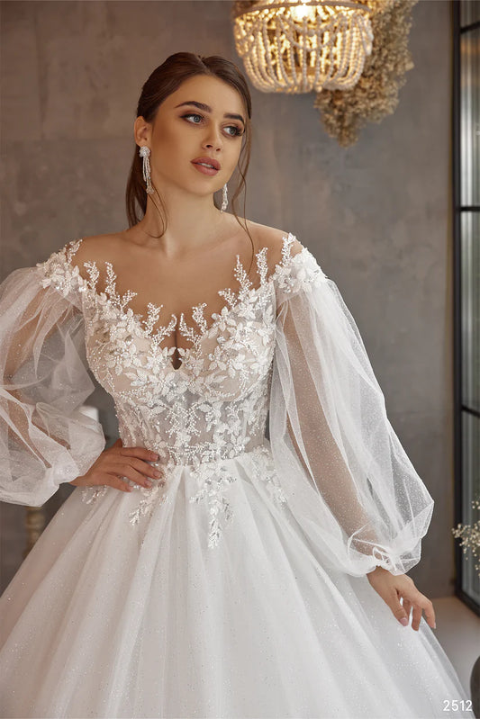 Glänzende Glitzer Spitze Brautkleider Puffärmel Applikationen Perlen von Schulter Tüll Boho Braut Kleid Vestidos de Novia