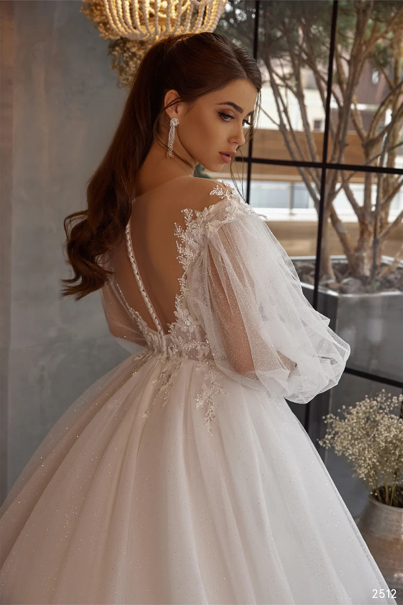 Shiny Glitter Lace Wedding Dresses Puff Sleeve Appliques Pearls off Shoulder Tulle Boho Bride Gown vestidos de novia