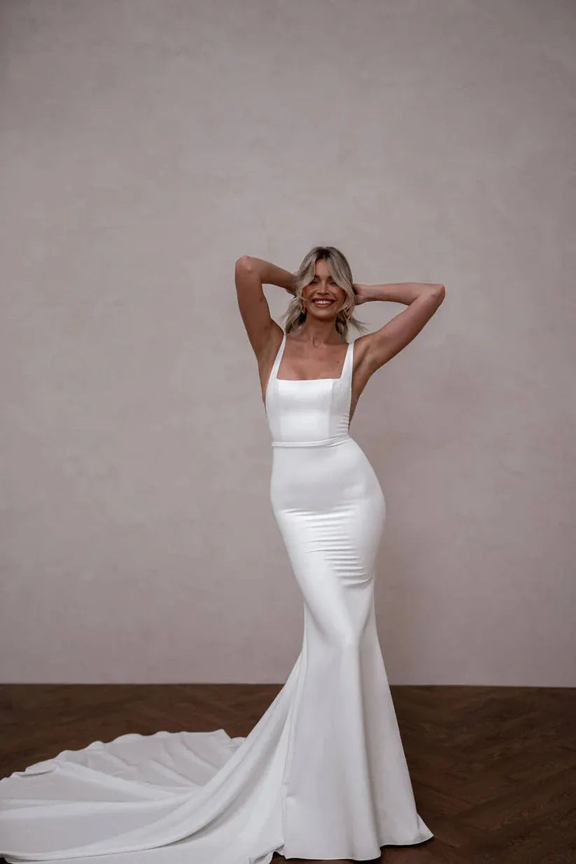 Sexy Detachable Long Train Square Collar Wedding Dresses Elegant Backless Satin Mermaid Bridal Gowns Vestidos De Novia Satin