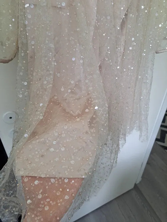 Short Mini Wedding Dress Open Long Sleeves Modern Sexy Simple Summer Shine Glitter Bride Wown Champagne Bohemian Beach Tulle champagne