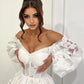 Ivory A-Line Wedding Dresses Off Shoulder Floral Brides Dress for Women Long Puff Sleeves Ankle Length Bridal Party Gowns