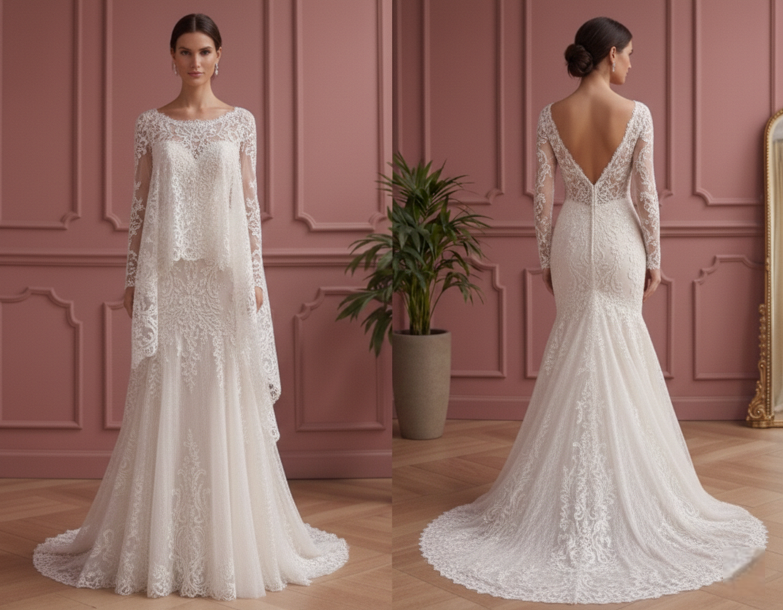 Sheer Sleeve Wedding Dress Classic Short Lace Overlay Fashion