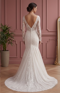 Sheer Sleeve Wedding Dress Classic Short Lace Overlay Fashion