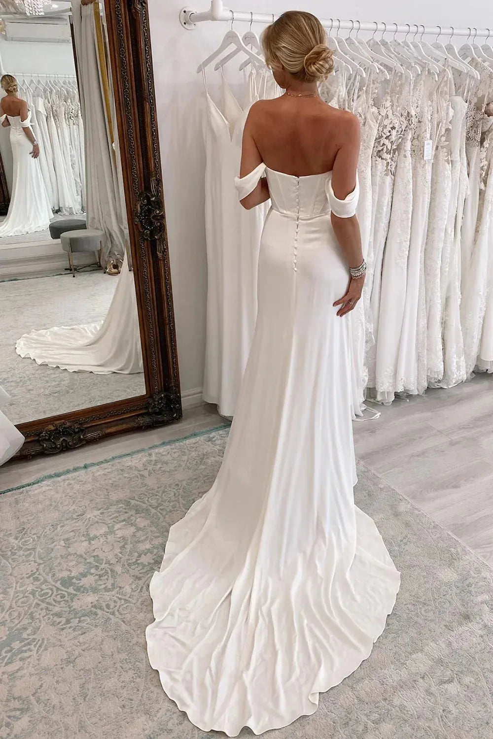 Elegant Mermaid Wedding DressesWomen Open Back Off The Shoulder Side Split Strapless Bridal Gown Sweep Train Vestidos De Noiva Ivory 14w