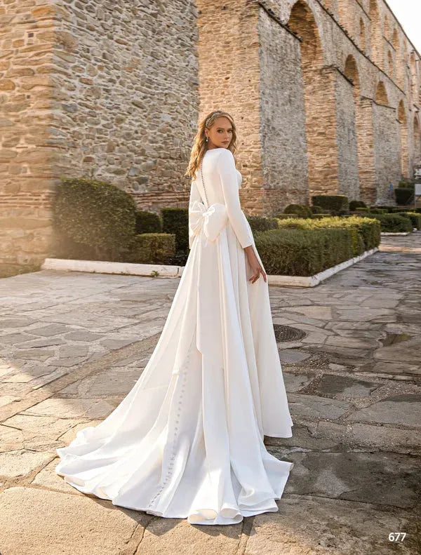 Muslim Wedding Dress | Jiayigong Satin Wedding Dress Muslim Bridal Dresses Long Sleeve Sweep Train A Line Bride Gown Robe Mariee Vestidos De Novia White 26w