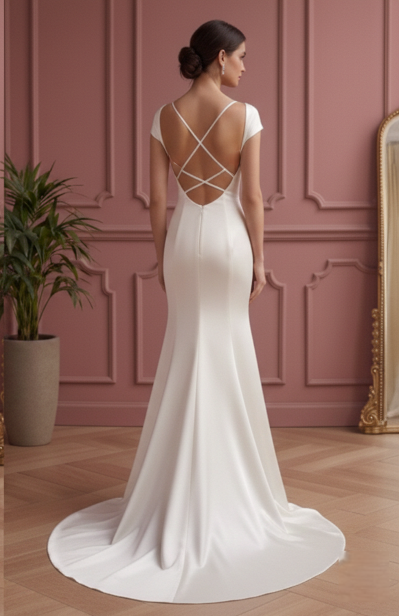 Short Criss Cross Back Wedding Dress Satin Mermaid Gown