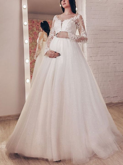 Vestido de novia de manga larga para embarazada, Apliques de encaje con cuentas y brillos, tul, línea A, tren de barrido, corsé en la espalda, vestido de novia