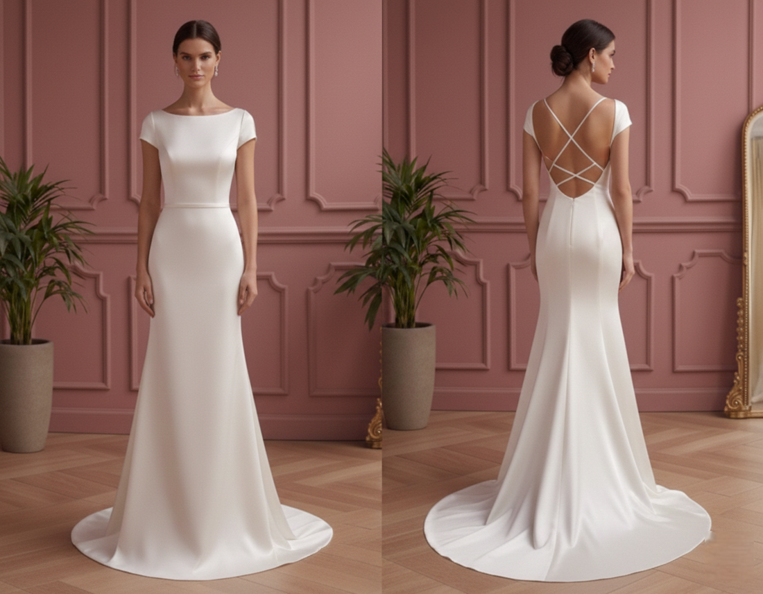 Short Criss Cross Back Wedding Dress Satin Mermaid Gown