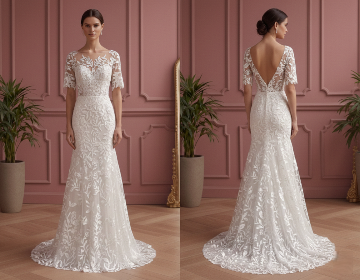 Embroidered Sleeve Wedding Dress Short Nature Inspired Wear