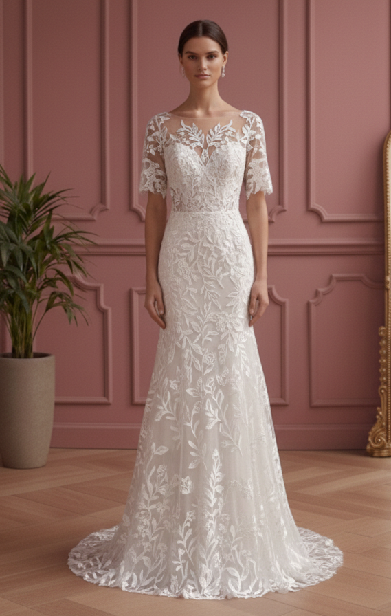 Embroidered Sleeve Wedding Dress Short Nature Inspired Wear