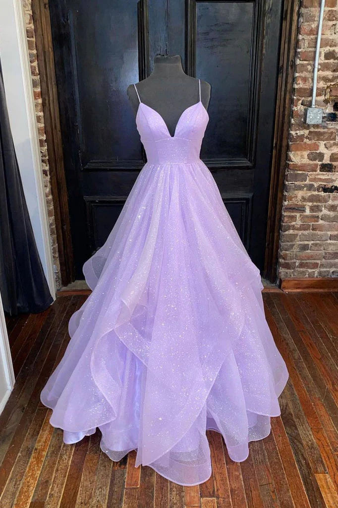 Lilac Long Prom Dresses Glitters Tulle Ball Gown Spaghetti Strap Sleeveless Evening Gowns CUSTOM MADE