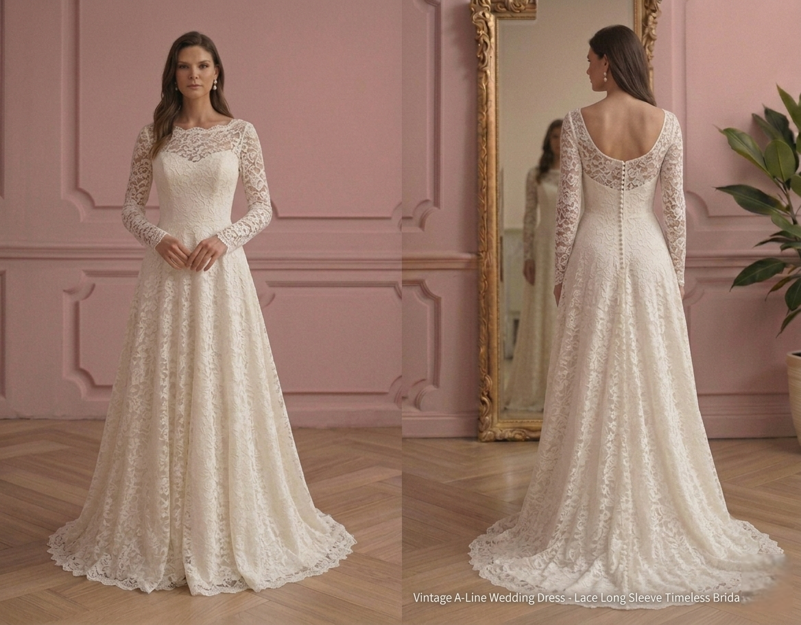 Vintage A-Line Wedding Dress Lace Long Sleeve Timeless Bridal