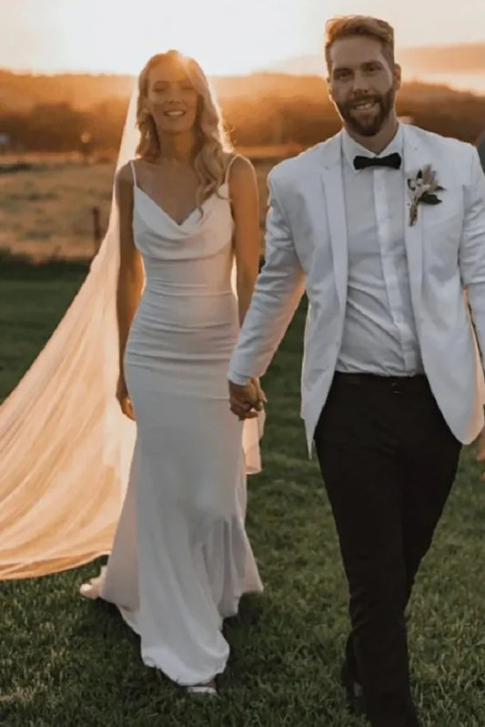 DREAM-vestido de novia elegante de crepé con cuello vuelto, vestido de novia de sirena para novias, vestido de novia sencillo con tirantes finos de satén drapeado con espalda descubierta