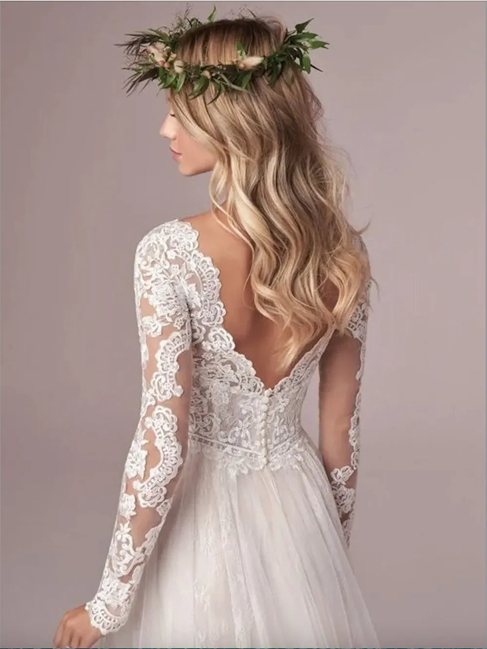 Roddrsya Linia Long Rleeves Suknie ślubne koronkowe suknie ślubne Tiulle Ivory Vestido de novia otwarte back садебное платье