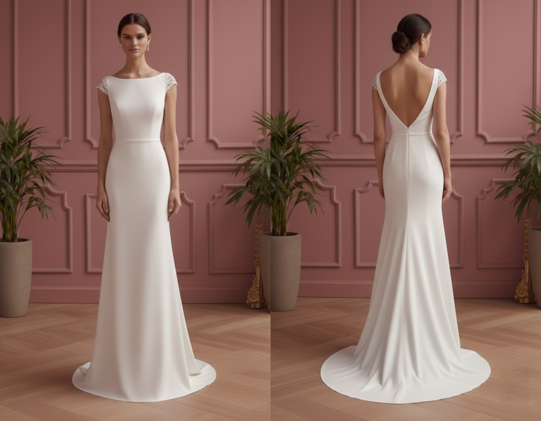 Column Crepe Wedding Dress High Short Neck Professional Bridal