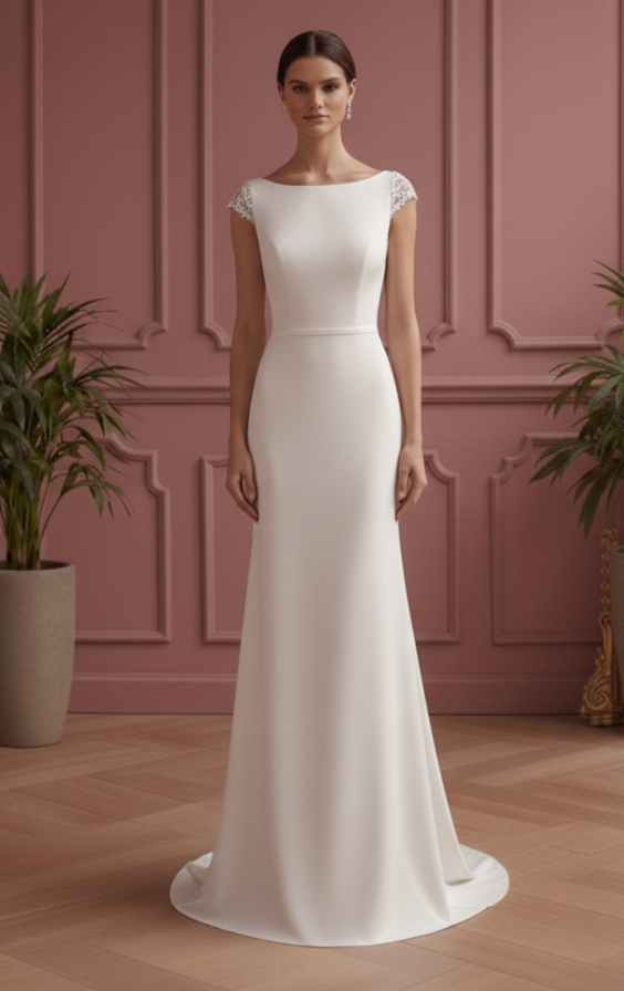 Column Crepe Wedding Dress High Short Neck Professional Bridal