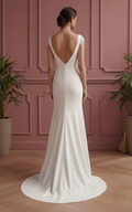 Column Crepe Wedding Dress High Short Neck Professional Bridal