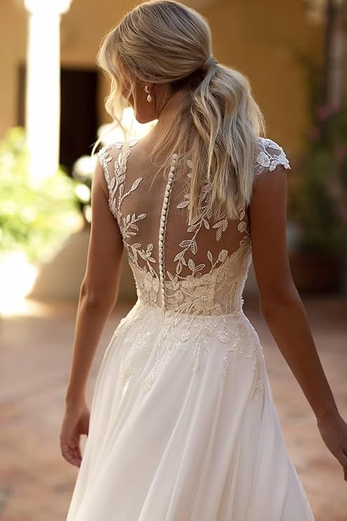 Elegant Boho Lace Wedding Dress Chiffon O-Neck Illusion Back Beach Side Split Applique Bridal Party Gown Vestidos De Novia