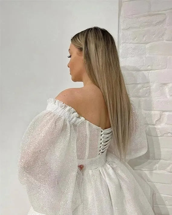 Shiny A Line Short Women Wedding Party Dresses Off Shoulder Boning Corset Long Puff Sleeves Bridal Party Gowns Prom Dress White