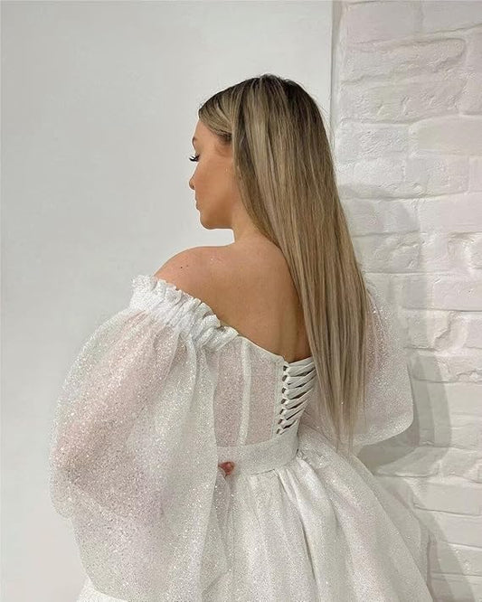 Shiny A Line Short Women Wedding Party Dresses Off Shoulder Boning Corset Long Puff Sleeves Bridal Party Gowns Prom Dress