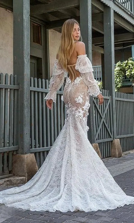 Sweetheart Lace Mermaid Wedding Dresses Detachable Sleeves Flowers Trumpet Bridal Gowns Backless Long Bride Dresses WHITE