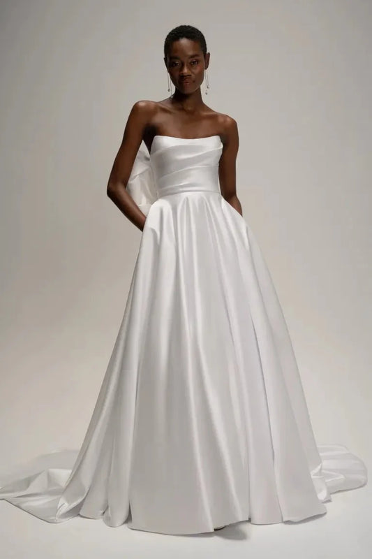 Robe de mariée trapèze moderne et charmante, sans bretelles, avec nœud froncé, pour femmes 