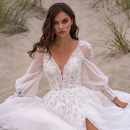 Musetta Beach v-neck Gaun Perkahwinan Sederhana Puff Lengan Celah Tinggi Backless Pengantin Gaun Renda Applique Tulle Robe De Mariée